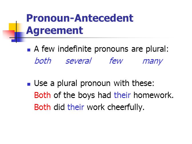 Pronoun-Antecedent Agreement A few indefinite pronouns are plural: bothseveral fewmany Use a plural pronoun with these: Both of the boys had their homework.