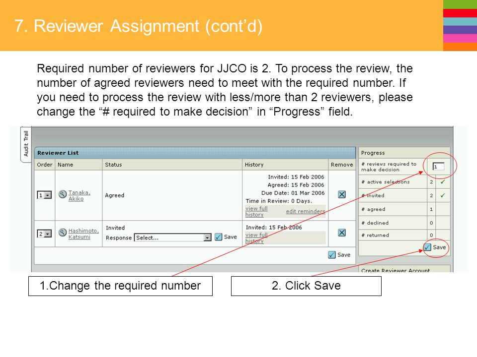 7. Reviewer Assignment (cont’d) Required number of reviewers for JJCO is 2.
