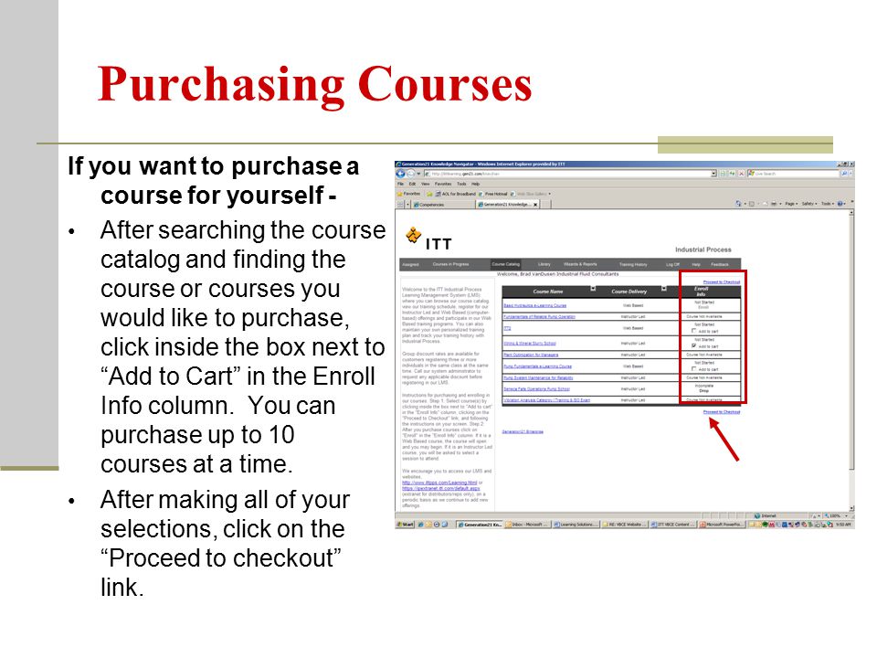 Purchasing Courses If you want to purchase a course for yourself - After searching the course catalog and finding the course or courses you would like to purchase, click inside the box next to Add to Cart in the Enroll Info column.