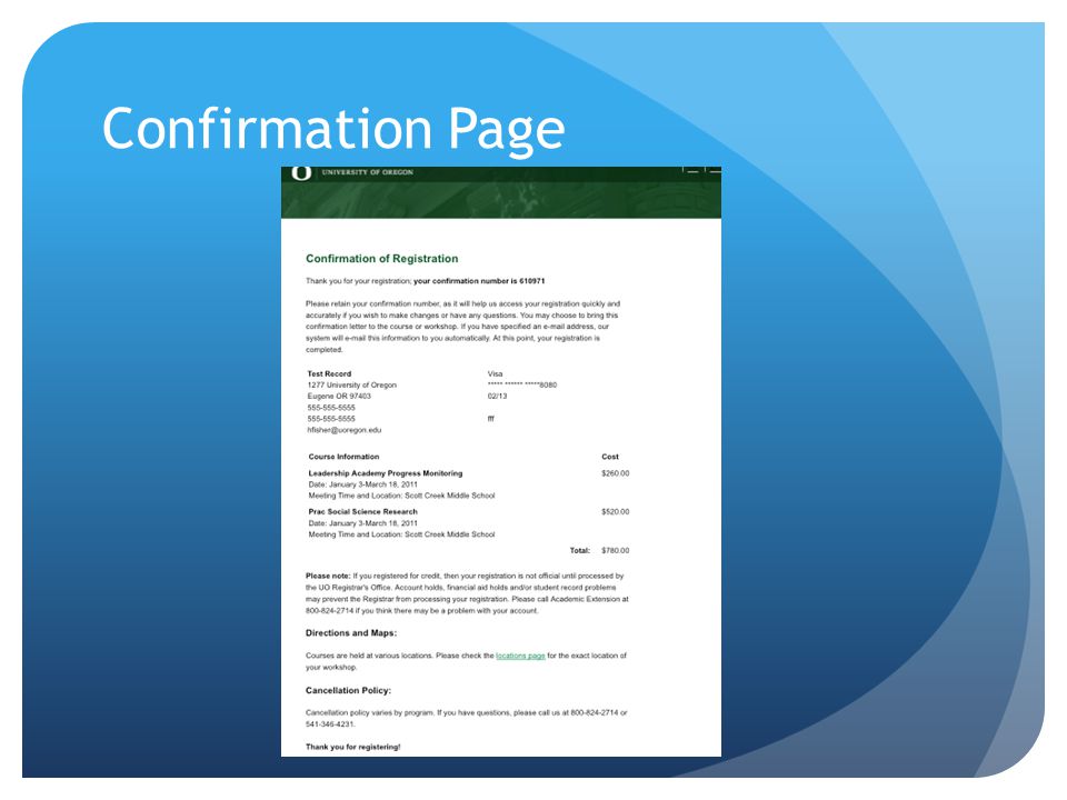 Confirmation Page