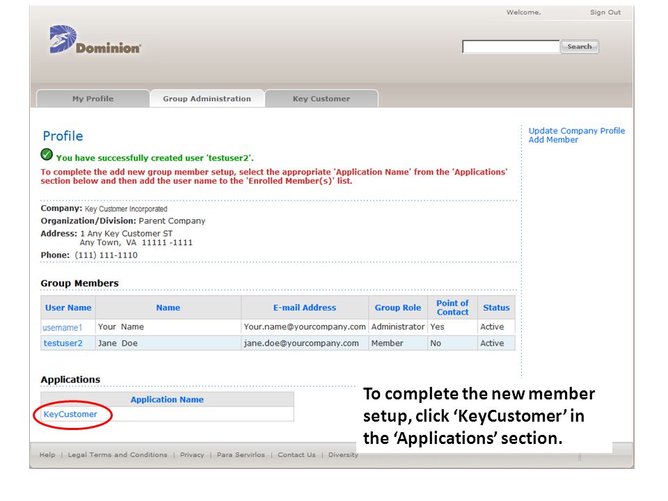 To complete the new member setup, click ‘KeyCustomer’ in the ‘Applications’ section.
