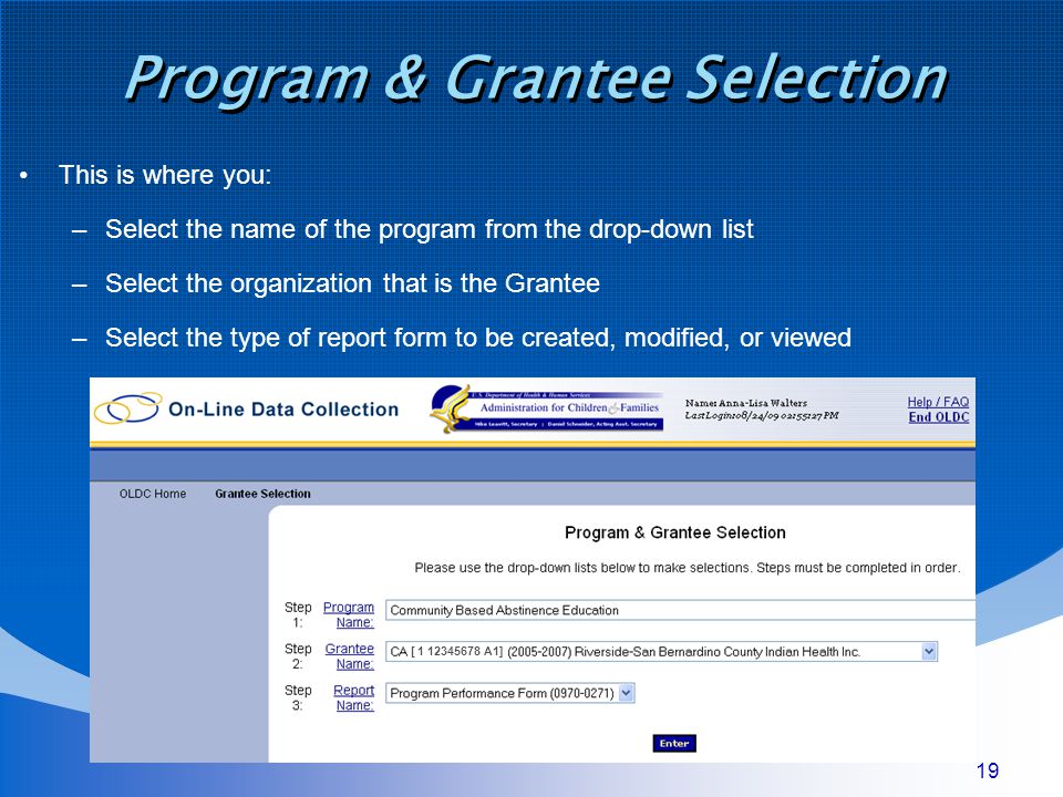 19 Program & Grantee Selection This is where you: –Select the name of the program from the drop-down list –Select the organization that is the Grantee –Select the type of report form to be created, modified, or viewed [ A1]