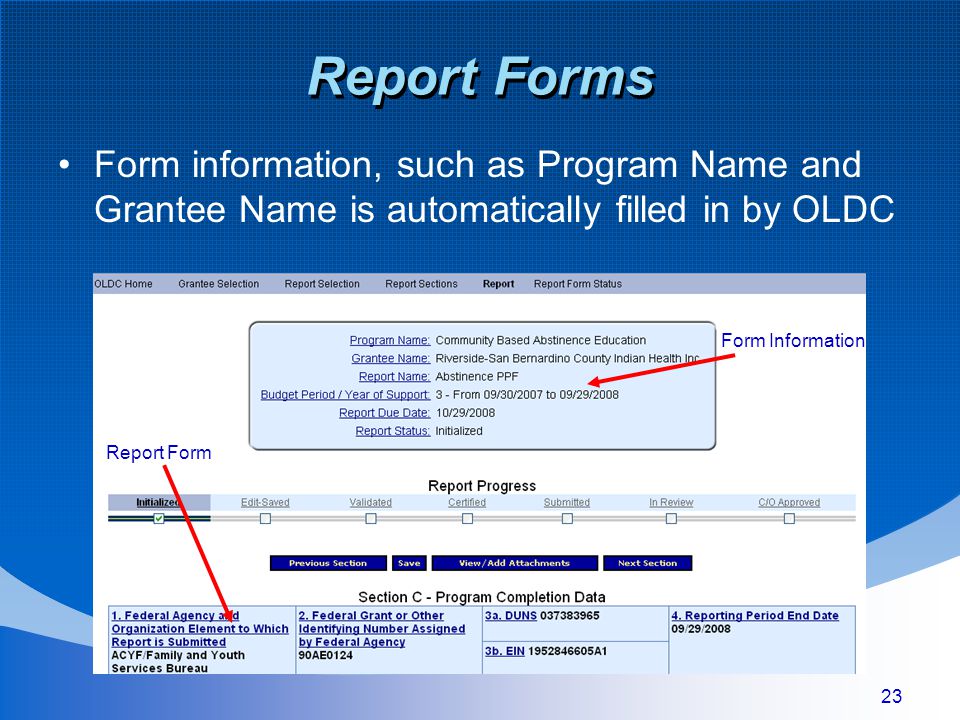 23 Report Forms Form information, such as Program Name and Grantee Name is automatically filled in by OLDC Form Information Report Form