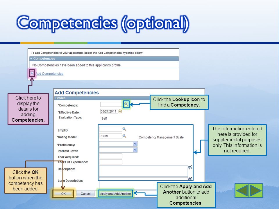 Click here to display the details for adding Competencies.