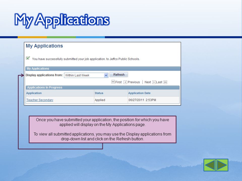 Once you have submitted your application, the position for which you have applied will display on the My Applications page.