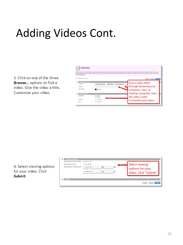 Adding Videos Cont. 4. Select viewing options for your video.
