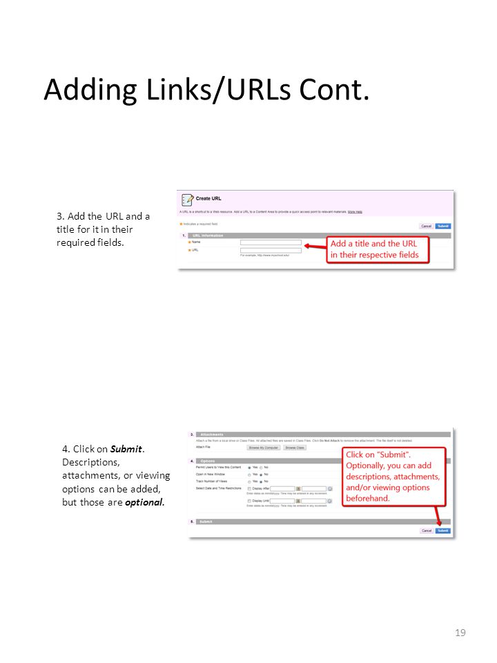 Adding Links/URLs Cont. 3. Add the URL and a title for it in their required fields.