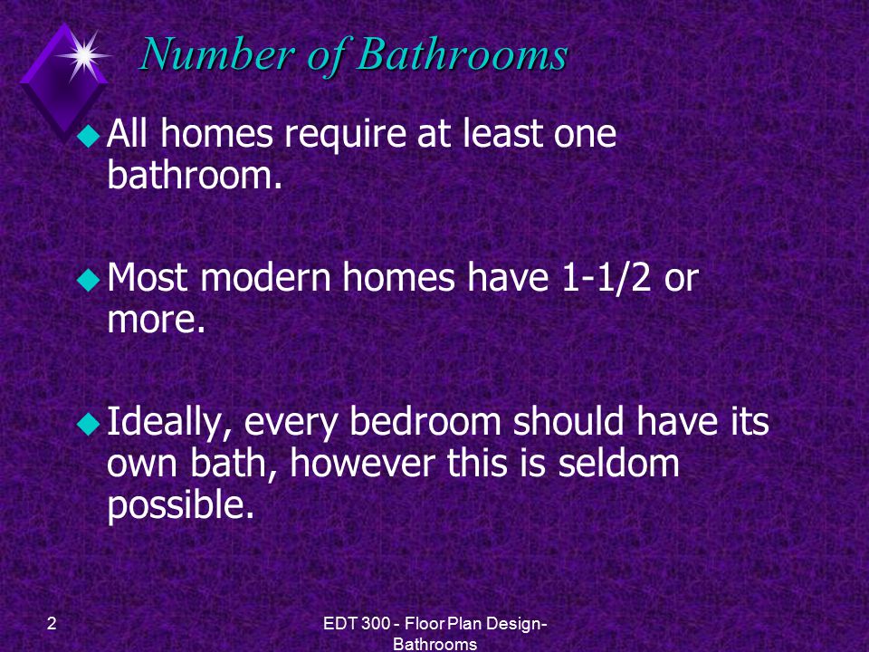 2EDT Floor Plan Design- Bathrooms Number of Bathrooms u All homes require at least one bathroom.
