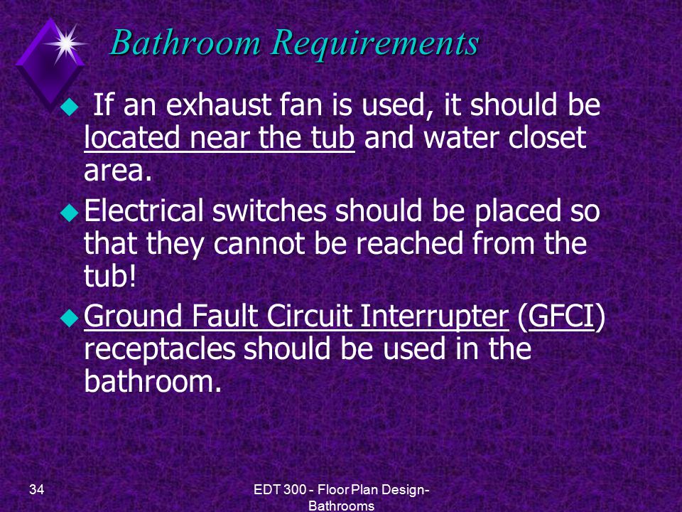 34EDT Floor Plan Design- Bathrooms Bathroom Requirements u If an exhaust fan is used, it should be located near the tub and water closet area.