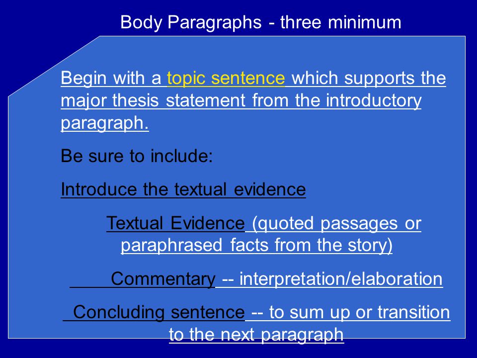 Body Paragraphs - three minimum Begin with a topic sentence which supports the major thesis statement from the introductory paragraph.