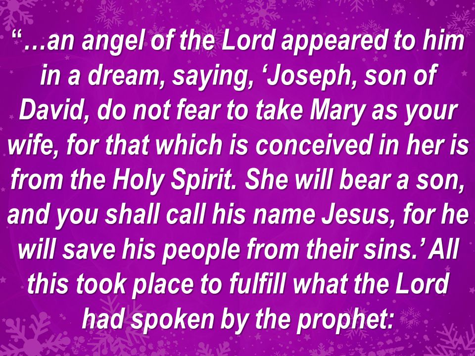 …an angel of the Lord appeared to him in a dream, saying, ‘Joseph, son of David, do not fear to take Mary as your wife, for that which is conceived in her is from the Holy Spirit.