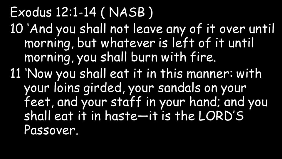 Exodus 12:1-14 ( NASB ) 10 ‘And you shall not leave any of it over until morning, but whatever is left of it until morning, you shall burn with fire.