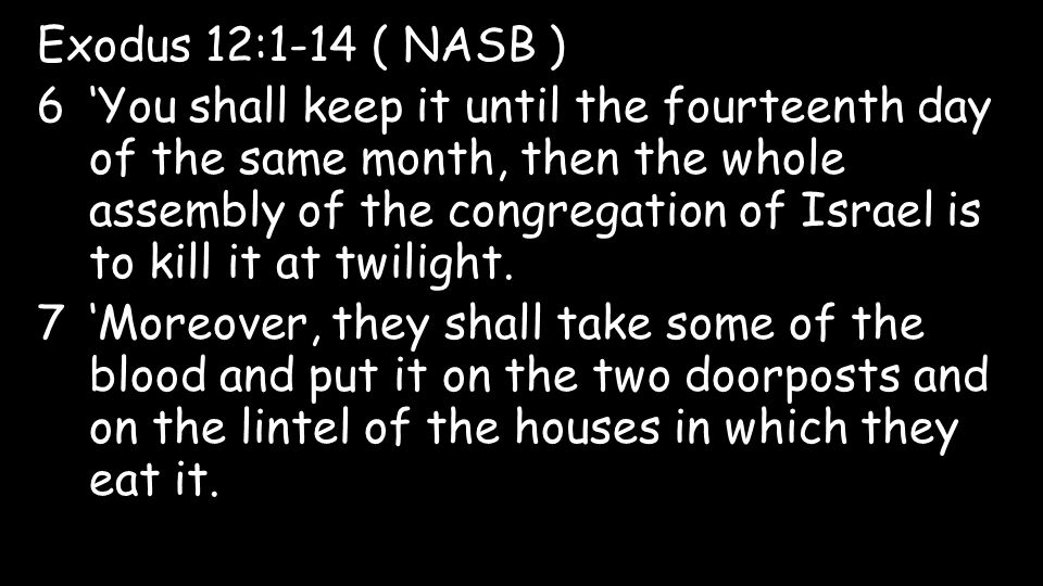 Exodus 12:1-14 ( NASB ) 6‘You shall keep it until the fourteenth day of the same month, then the whole assembly of the congregation of Israel is to kill it at twilight.