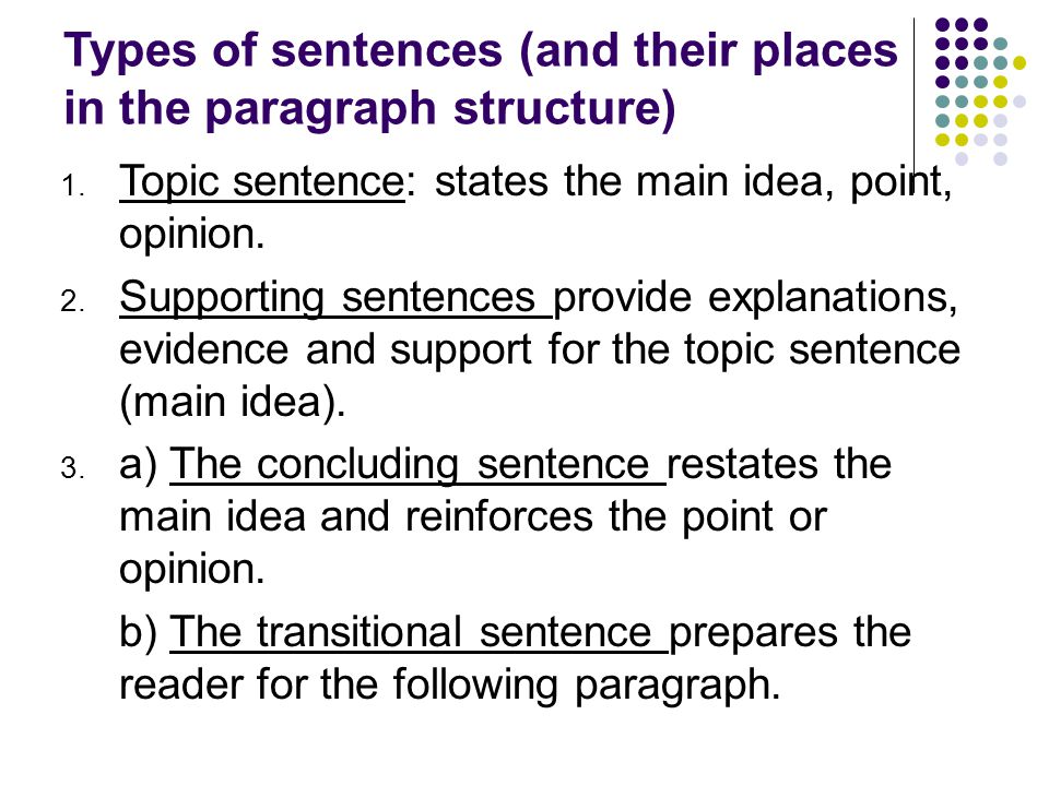 Types of sentences (and their places in the paragraph structure) 1.
