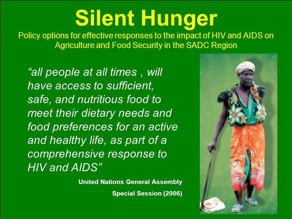 Silent Hunger Policy options for effective responses to the impact of HIV and AIDS on Agriculture and Food Security in the SADC Region all people at all times, will have access to sufficient, safe, and nutritious food to meet their dietary needs and food preferences for an active and healthy life, as part of a comprehensive response to HIV and AIDS United Nations General Assembly Special Session (2006)