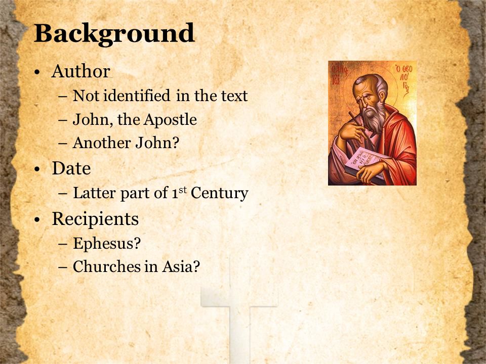 Background Author –Not identified in the text –John, the Apostle –Another John.