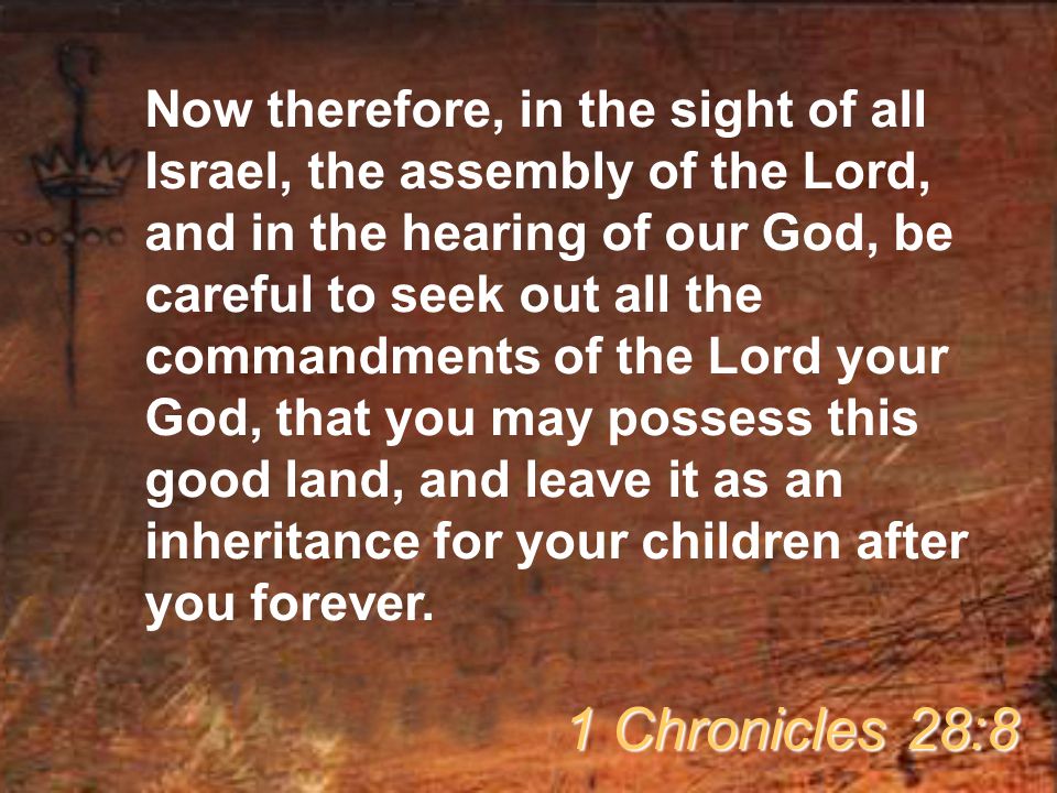 Now therefore, in the sight of all Israel, the assembly of the Lord, and in the hearing of our God, be careful to seek out all the commandments of the Lord your God, that you may possess this good land, and leave it as an inheritance for your children after you forever.