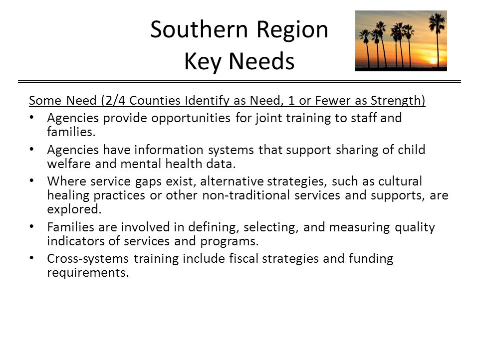 Southern Region Key Needs Some Need (2/4 Counties Identify as Need, 1 or Fewer as Strength) Agencies provide opportunities for joint training to staff and families.