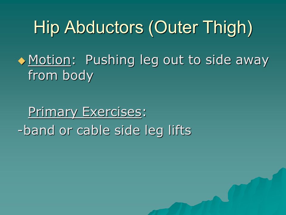 Hip Abductors (Outer Thigh)  Motion: Pushing leg out to side away from body Primary Exercises: -band or cable side leg lifts