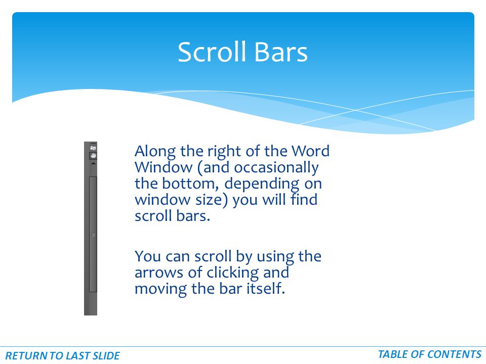 Along the right of the Word Window (and occasionally the bottom, depending on window size) you will find scroll bars.