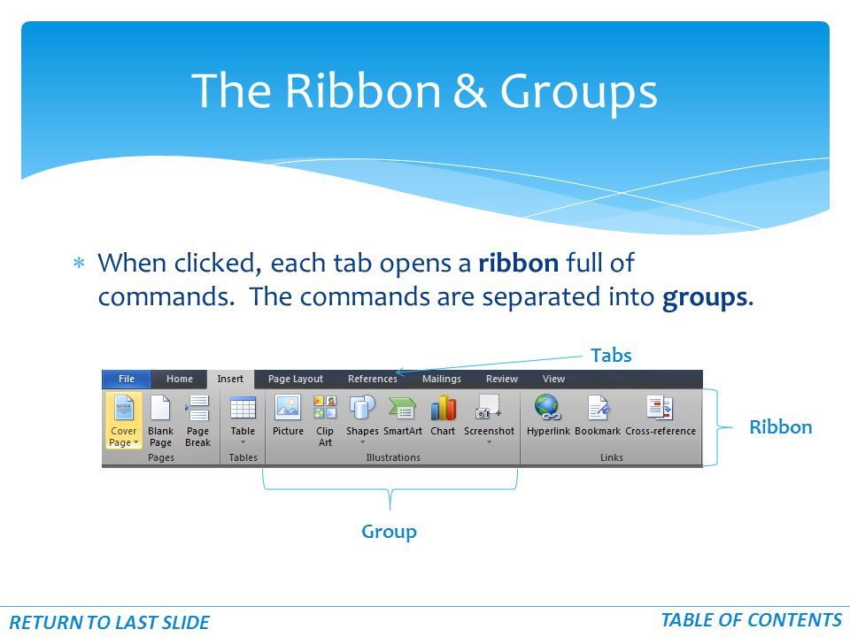  When clicked, each tab opens a ribbon full of commands.