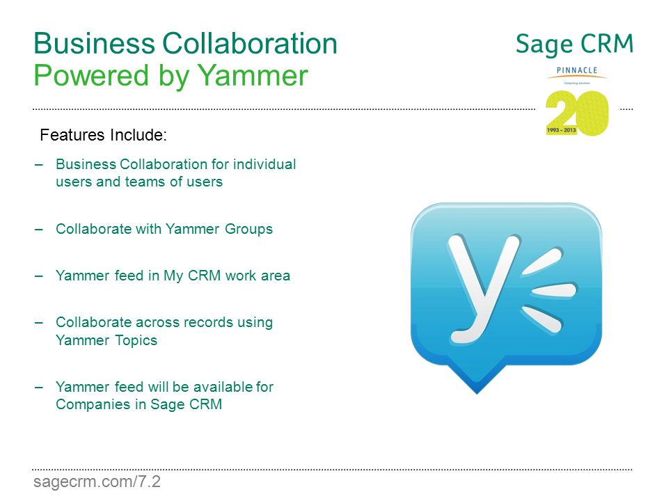 sagecrm.com/7.2 Business Collaboration Powered by Yammer –Business Collaboration for individual users and teams of users –Collaborate with Yammer Groups –Yammer feed in My CRM work area –Collaborate across records using Yammer Topics –Yammer feed will be available for Companies in Sage CRM Features Include: