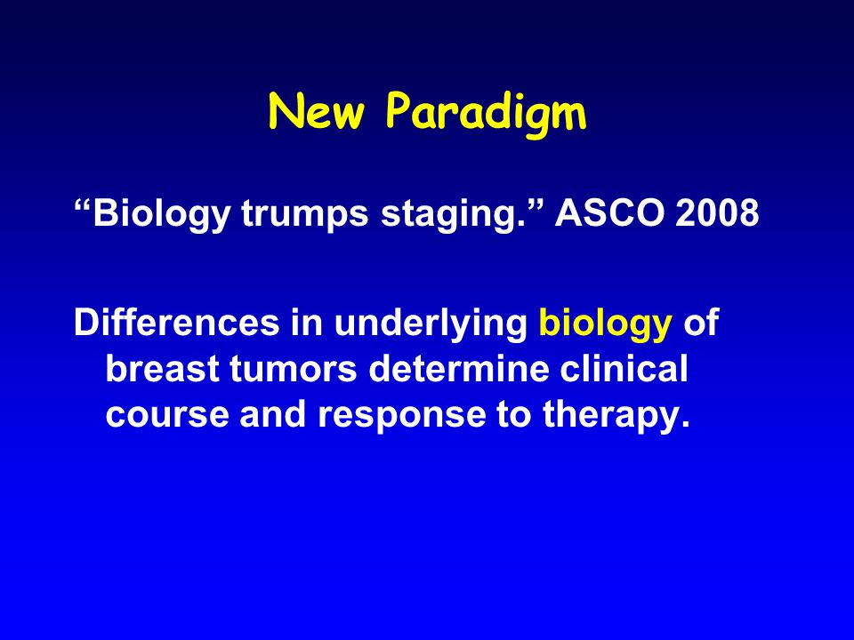 New Paradigm Biology trumps staging. ASCO 2008 Differences in underlying biology of breast tumors determine clinical course and response to therapy.