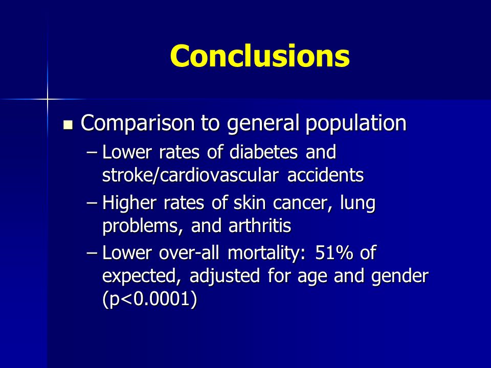 Conclusions Comparison to general population Comparison to general population –Lower rates of diabetes and stroke/cardiovascular accidents –Higher rates of skin cancer, lung problems, and arthritis –Lower over-all mortality: 51% of expected, adjusted for age and gender (p<0.0001)