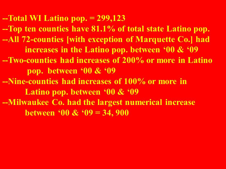 --Total WI Latino pop. = 299,123 --Top ten counties have 81.1% of total state Latino pop.