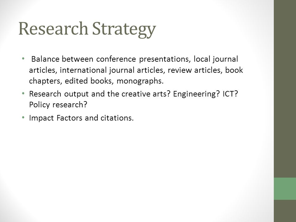 Research Strategy Balance between conference presentations, local journal articles, international journal articles, review articles, book chapters, edited books, monographs.
