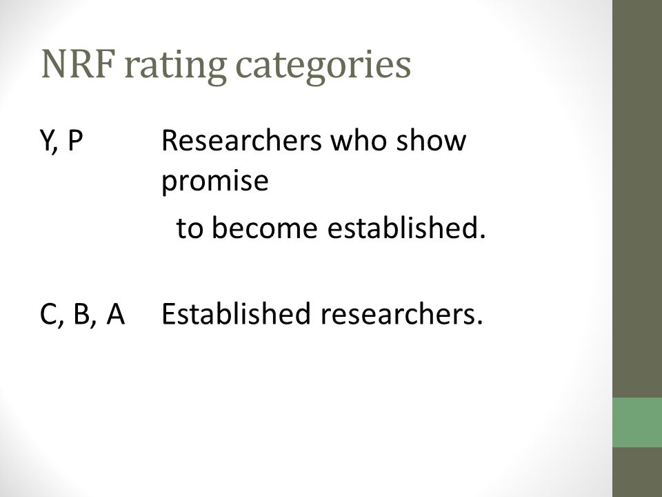 NRF rating categories Y, PResearchers who show promise to become established.
