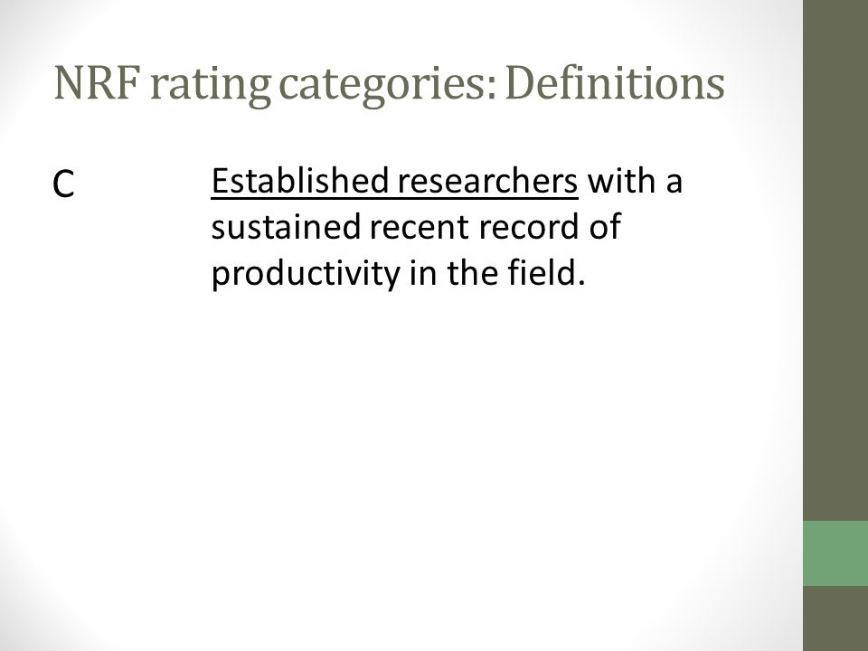 NRF rating categories: Definitions C Established researchers with a sustained recent record of productivity in the field.