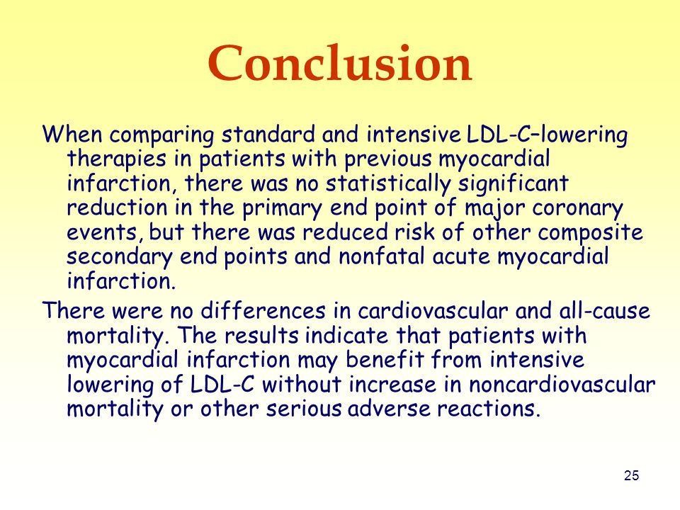 25 Conclusion When comparing standard and intensive LDL-C–lowering therapies in patients with previous myocardial infarction, there was no statistically significant reduction in the primary end point of major coronary events, but there was reduced risk of other composite secondary end points and nonfatal acute myocardial infarction.