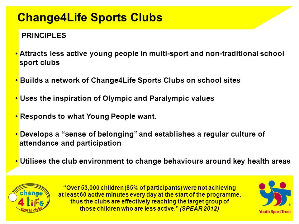 Change4Life Sports Clubs PRINCIPLES Attracts less active young people in multi-sport and non-traditional school sport clubs Builds a network of Change4Life Sports Clubs on school sites Uses the inspiration of Olympic and Paralympic values Responds to what Young People want.