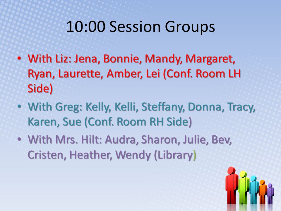 10:00 Session Groups With Liz: Jena, Bonnie, Mandy, Margaret, Ryan, Laurette, Amber, Lei (Conf.