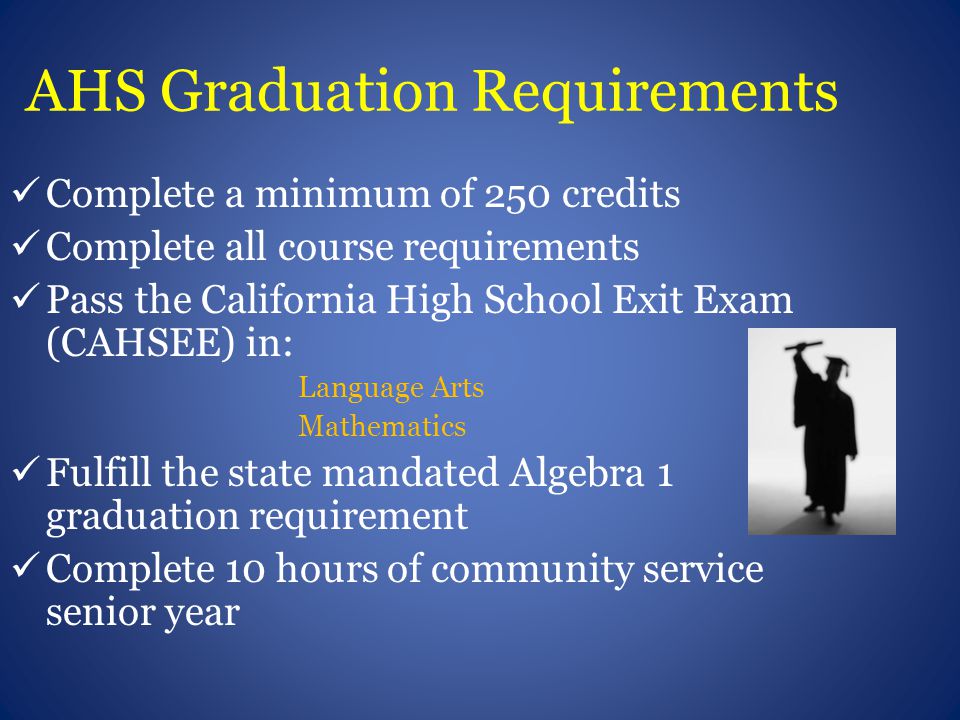 AHS Graduation Requirements Complete a minimum of 250 credits Complete all course requirements Pass the California High School Exit Exam (CAHSEE) in: Language Arts Mathematics Fulfill the state mandated Algebra 1 graduation requirement Complete 10 hours of community service senior year
