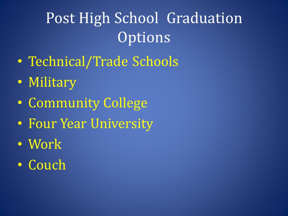 Post High School Graduation Options Technical/Trade Schools Military Community College Four Year University Work Couch