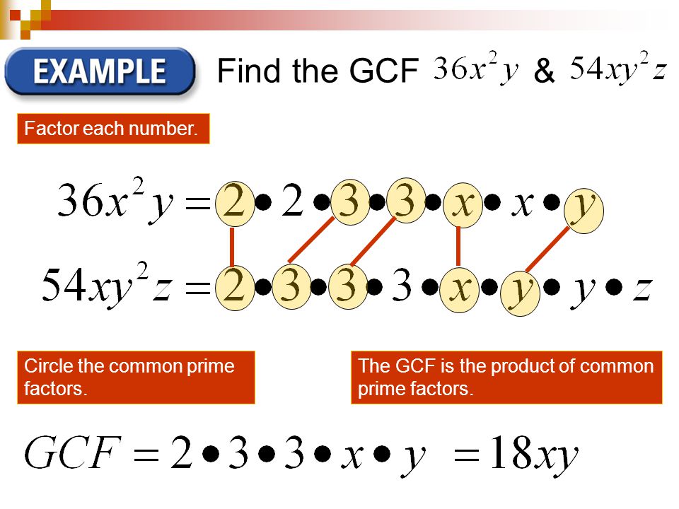 Find the GCF & Circle the common prime factors. Factor each number.