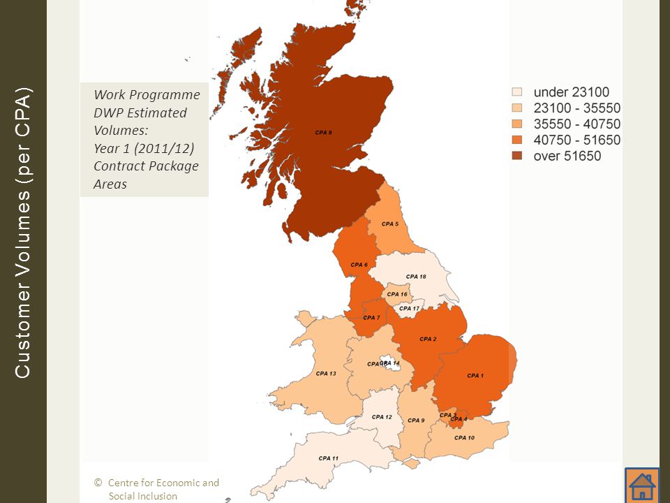 Customer Volume/CPA Work Programme DWP Estimated Volumes: Year 1 (2011/12) Contract Package Areas Customer Volumes (per CPA) © Centre for Economic and Social Inclusion