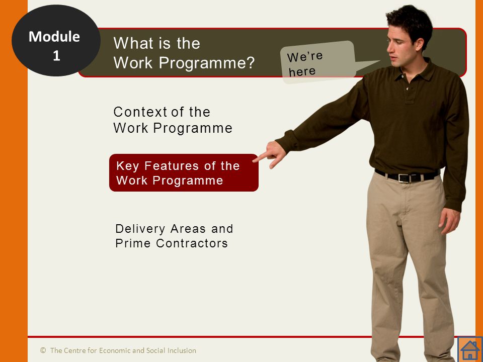 Module 1 Commencement Context of the Work Programme Delivery Areas and Prime Contractors Key Features of the Work Programme © The Centre for Economic and Social Inclusion What is the Work Programme.