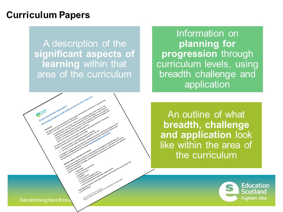 Transforming lives through learning Curriculum Papers A description of the significant aspects of learning within that area of the curriculum Information on planning for progression through curriculum levels, using breadth challenge and application An outline of what breadth, challenge and application look like within the area of the curriculum