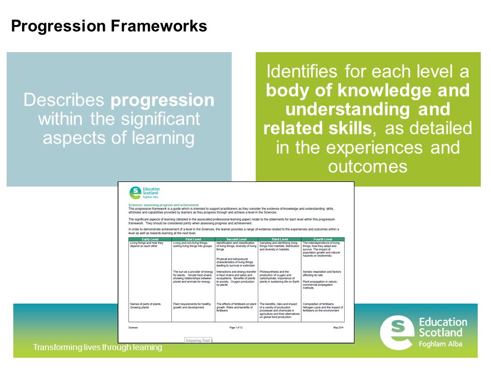 Transforming lives through learning Progression Frameworks Describes progression within the significant aspects of learning Identifies for each level a body of knowledge and understanding and related skills, as detailed in the experiences and outcomes