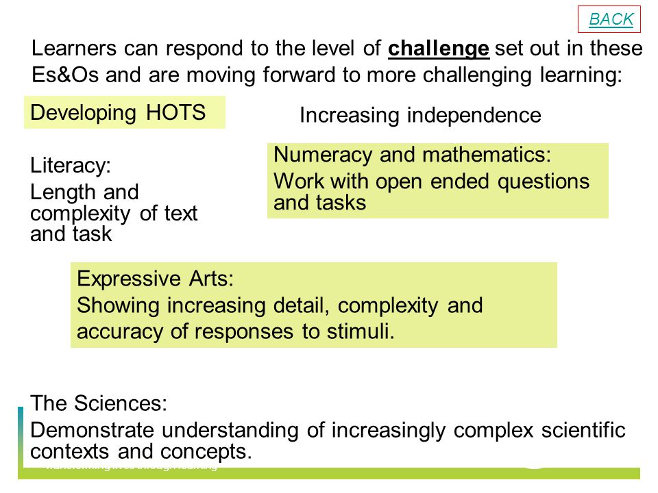 Transforming lives through learning Learners can respond to the level of challenge set out in these Es&Os and are moving forward to more challenging learning: Numeracy and mathematics: Work with open ended questions and tasks Literacy: Length and complexity of text and task Expressive Arts: Showing increasing detail, complexity and accuracy of responses to stimuli.