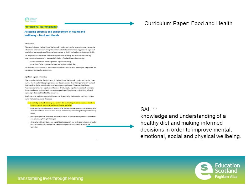 Transforming lives through learning Curriculum Paper: Food and Health SAL 1: knowledge and understanding of a healthy diet and making informed decisions in order to improve mental, emotional, social and physical wellbeing.
