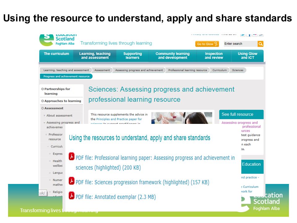 Transforming lives through learning Using the resource to understand, apply and share standards