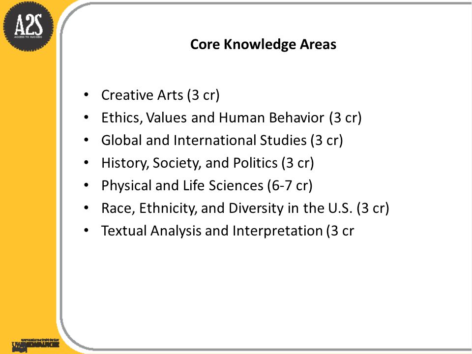 Core Knowledge Areas Creative Arts (3 cr) Ethics, Values and Human Behavior (3 cr) Global and International Studies (3 cr) History, Society, and Politics (3 cr) Physical and Life Sciences (6-7 cr) Race, Ethnicity, and Diversity in the U.S.