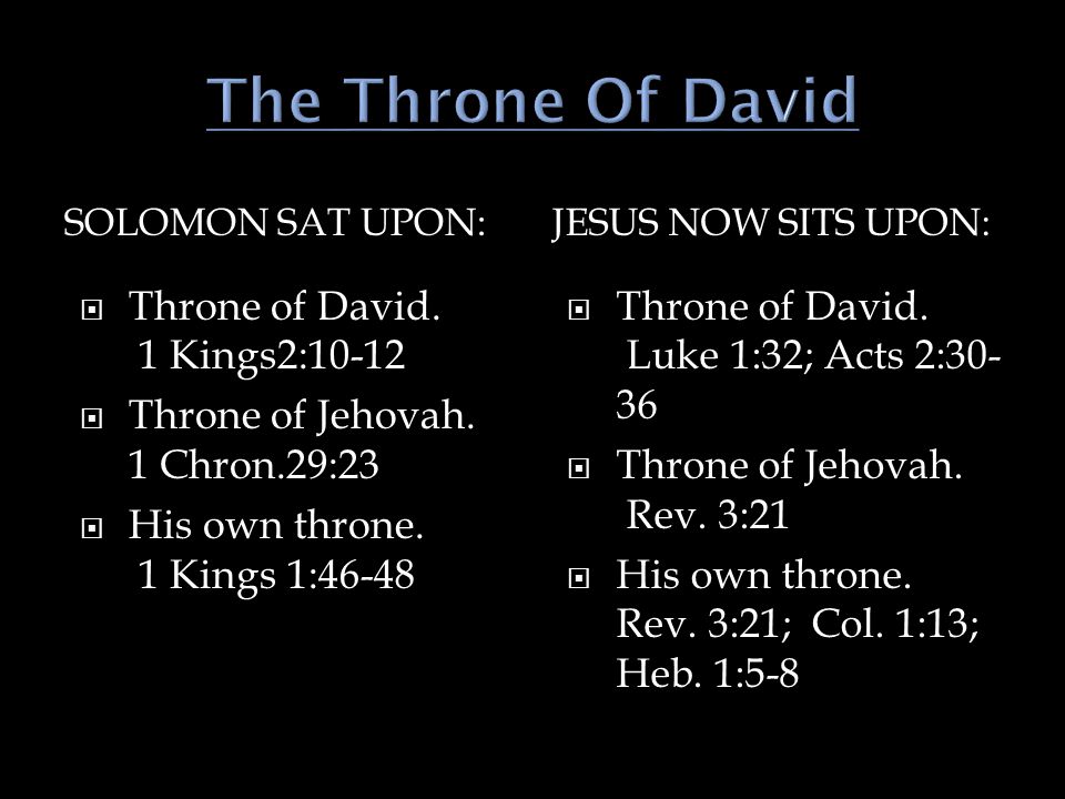 SOLOMON SAT UPON:JESUS NOW SITS UPON:  Throne of David.
