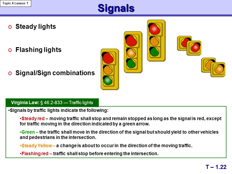 Signals o Steady lights o Flashing lights o Signal/Sign combinations T – 1.22 Signals by traffic lights indicate the following: Steady red – moving traffic shall stop and remain stopped as long as the signal is red, except for traffic moving in the direction indicated by a green arrow.