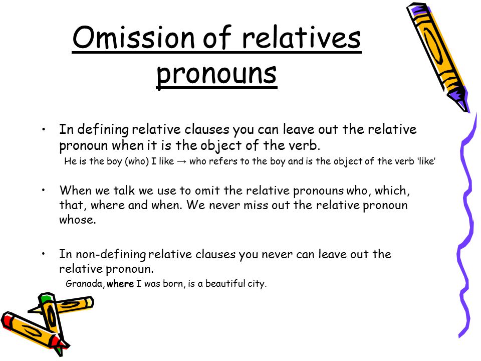 Omission of relatives pronouns In defining relative clauses you can leave out the relative pronoun when it is the object of the verb.