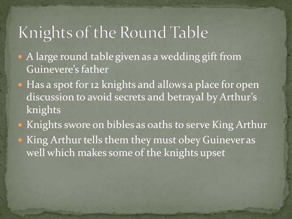 A large round table given as a wedding gift from Guinevere’s father Has a spot for 12 knights and allows a place for open discussion to avoid secrets and betrayal by Arthur’s knights Knights swore on bibles as oaths to serve King Arthur King Arthur tells them they must obey Guinever as well which makes some of the knights upset